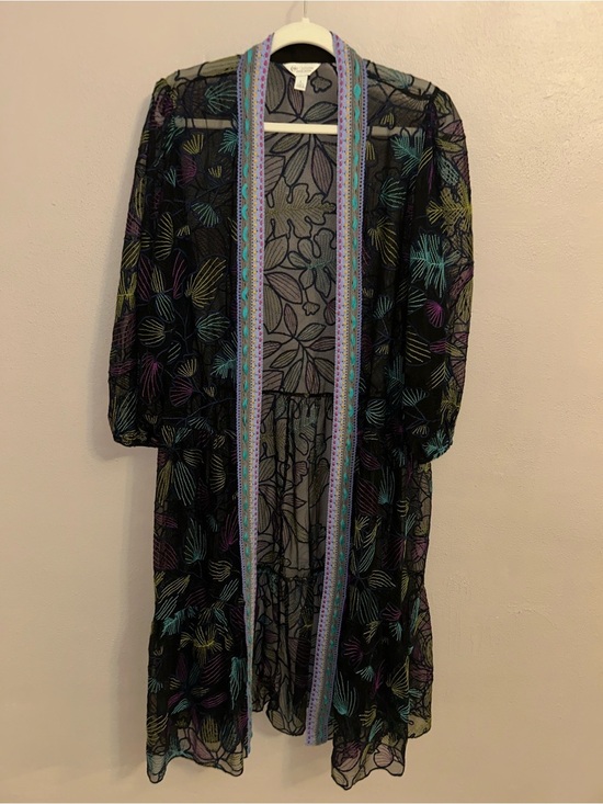 Cato Tops - Sheer Black cardi floral Embroidered mesh duster kimono witchy fairycore hippie